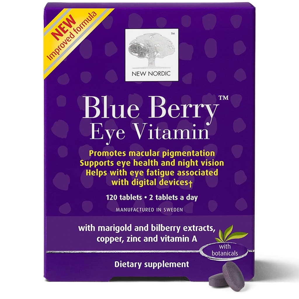 NEW NORDIC Blue Berry Acs Vitamīnu luteīna papildinājums ar cinku, atbalsta makulāra pigmentācija, acu un redzes funkcija, 120 tabletes (1. iepakojums)