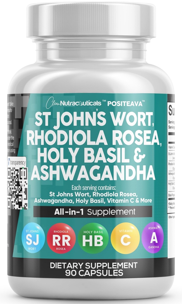 Tīrs Nutraceuticals Asinszāle Rhodiola Rosea Svētais Baziliks Ashwagandha - Garastāvokļa atbalsts sievietēm un vīriešiem ar vitamīnu C un melnajiem pipariem Extract - 90 Caps