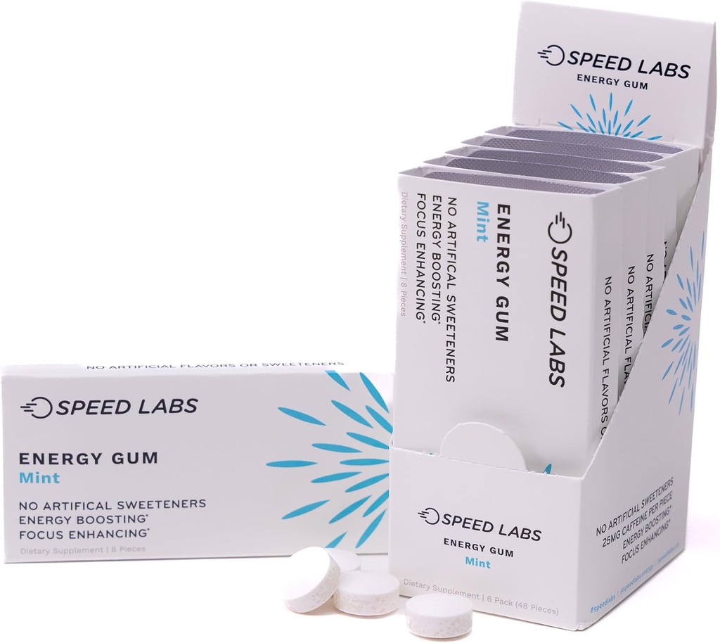 Ātrums Labs piparmētra dabas kofeīna enerģija gum 25mg kofeīns, Taurīns, B Vitamīni uz vienu gabalu, 48 gabali (6 iepakojumi pa 8) bez cukura, nulle kalorijas, dabiski saldināts, bez lipekļa