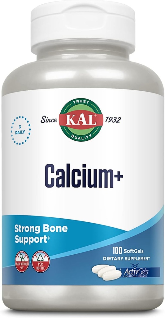 KAL Calcium + ActivGels 1000mg     - kalcija, magnija, cinka un vitamīna D- 3 - - Izstrādāts, lai palīdzētu atbalstīt veselīgu zobus un kaulus - bez sojas - 100 softgels