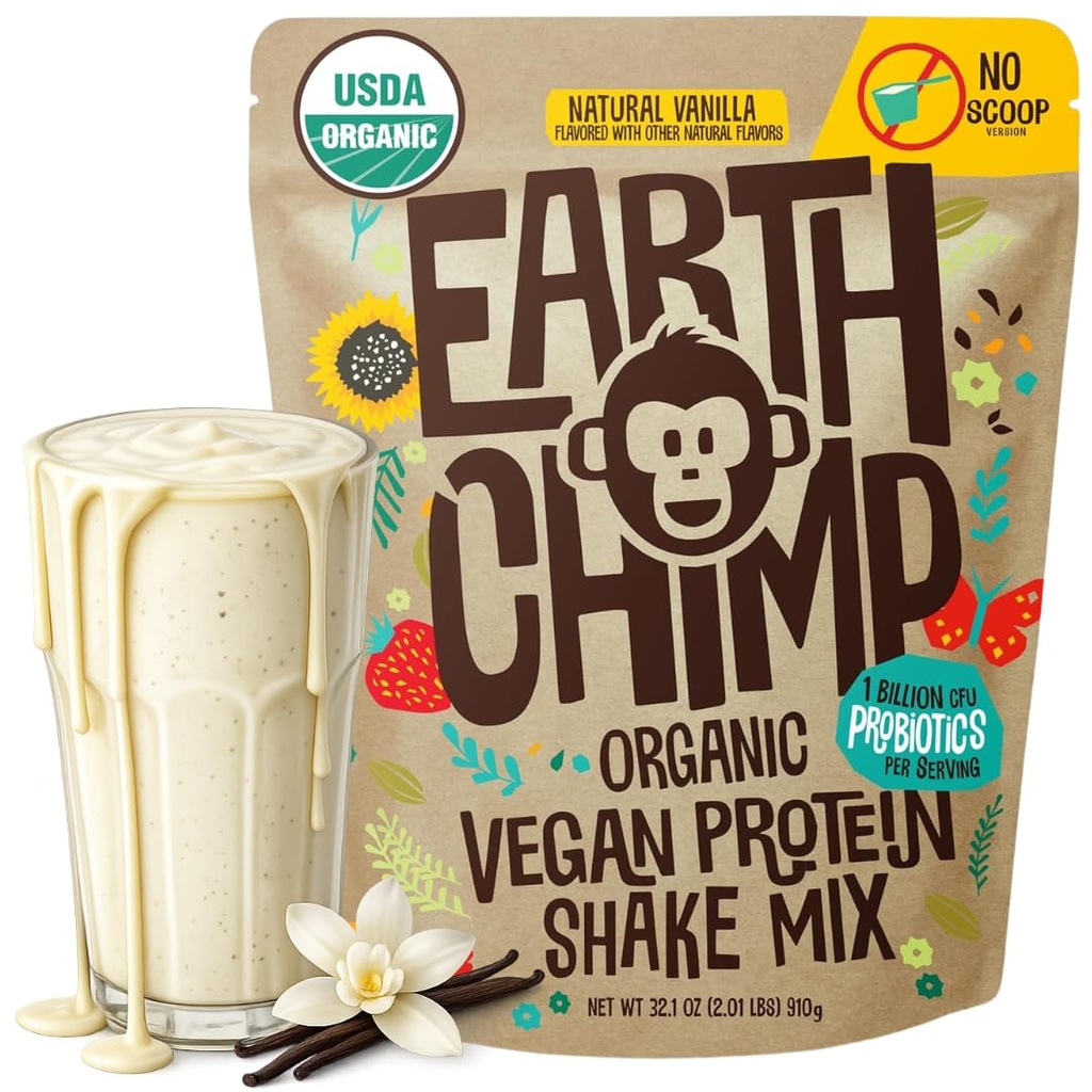 EarthChimp Organic Vegan Protein Pulveris - ar probiotikām - ne ĢMO, bez piena, non Shey, augu izcelsmes olbaltumvielu pulveris sievietēm un vīriešiem, bez lipekļa - 26 Kalpo 32 Oz (Vanilla) No Scoop