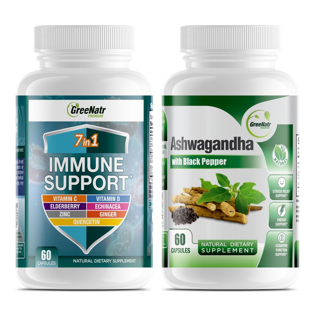 GreeNatr 7-in-1 Imūnsupporta papildinājums ar C vitamīnu, D3 vitamīnu, Cinka 50mg, Quercetin, kombinācijā ar organisko ashwagandha kapsulas Featuring Black Pepper pastiprināta absorbcija