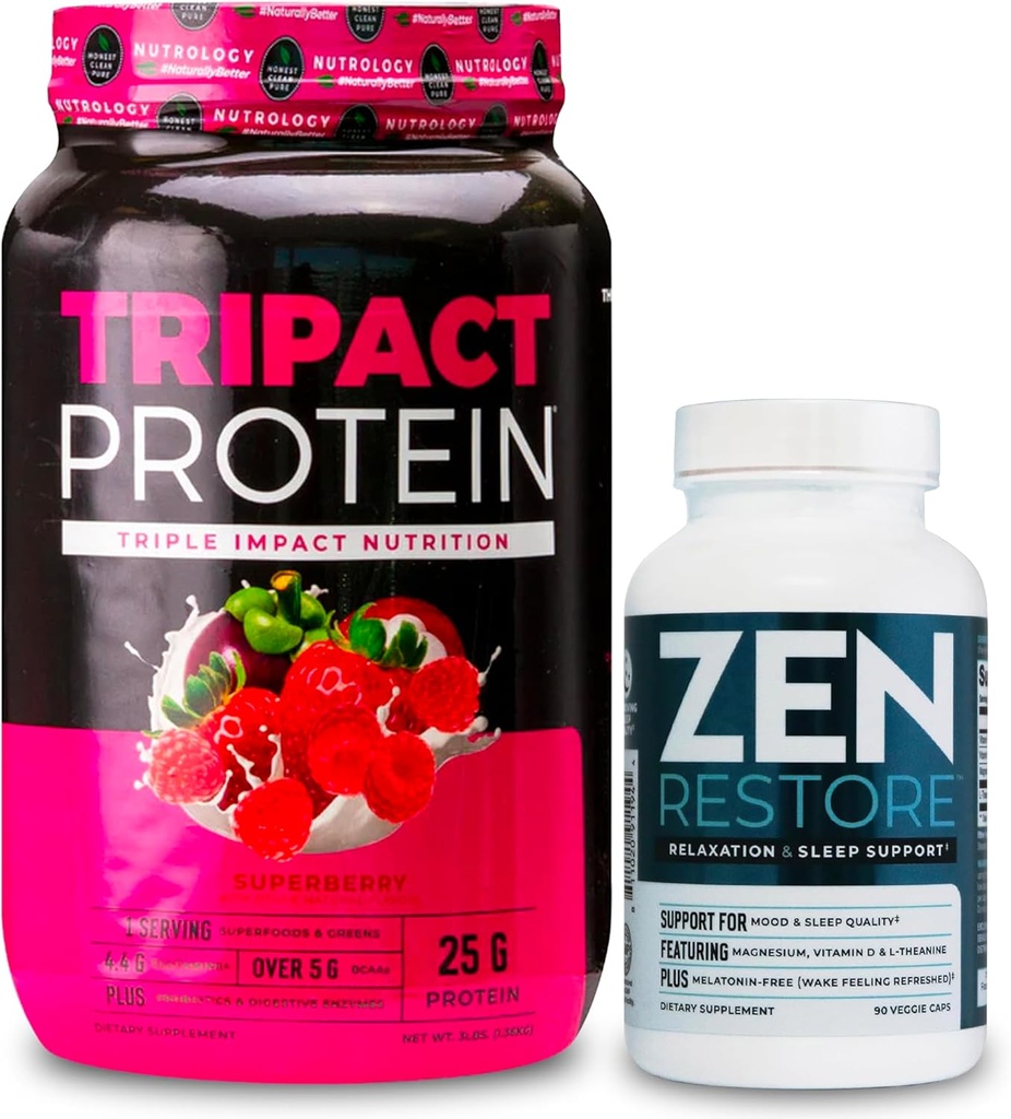 Nutroloģija TRIPACT proteīna pulveris, 7-in-1 Ēdienreizes aizstāšana Shake, Superberry (40 Serves) Zen Dabīgs magnija papildinājums (30 Servē)