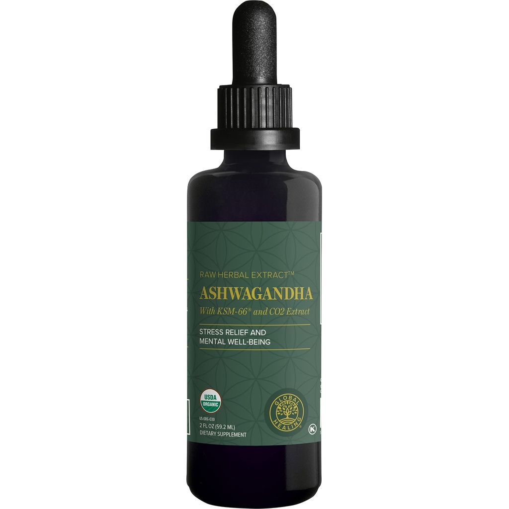 Global Healing Center - Organic Ashwagandha papildinājumi pilieni - KSM-66 Ashwagandha Extra Strength vīriešiem un sievietēm, Palīdz veicināt atvieglojumus no stresa, Mood Support, Organic (2 Fl Oz)