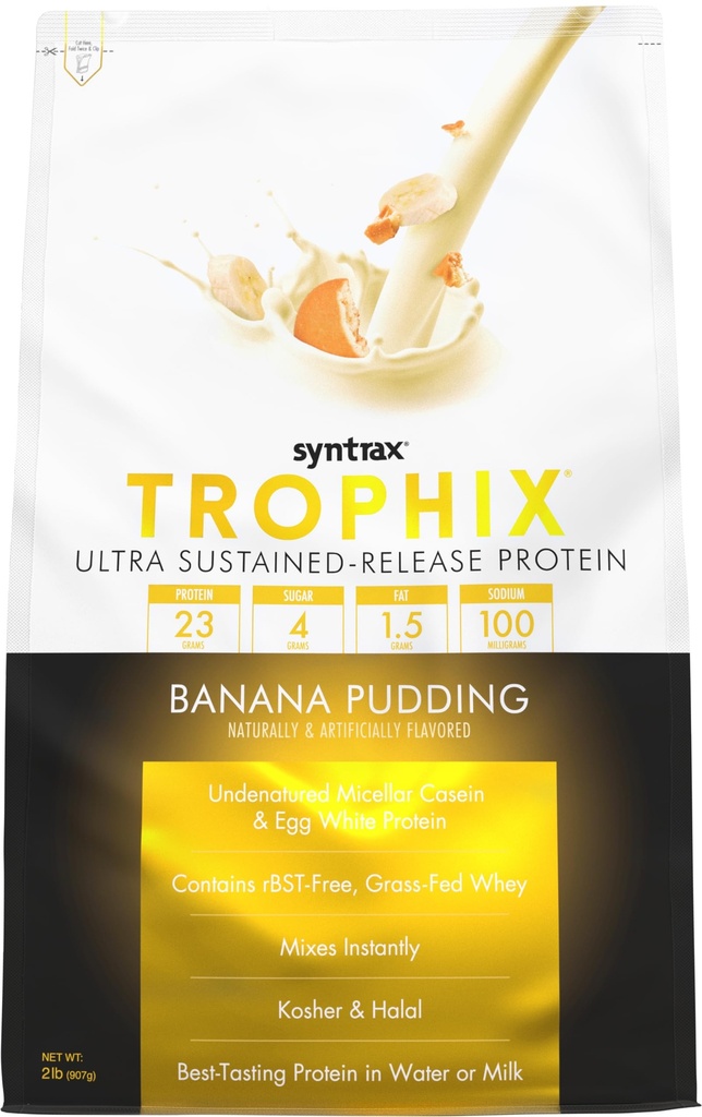 Syntrax Nutrition Trophix, Ultra ilgstoša izlaišana Olbaltumvielu pulveris Blend, Banana Pudding 2 mārciņas.