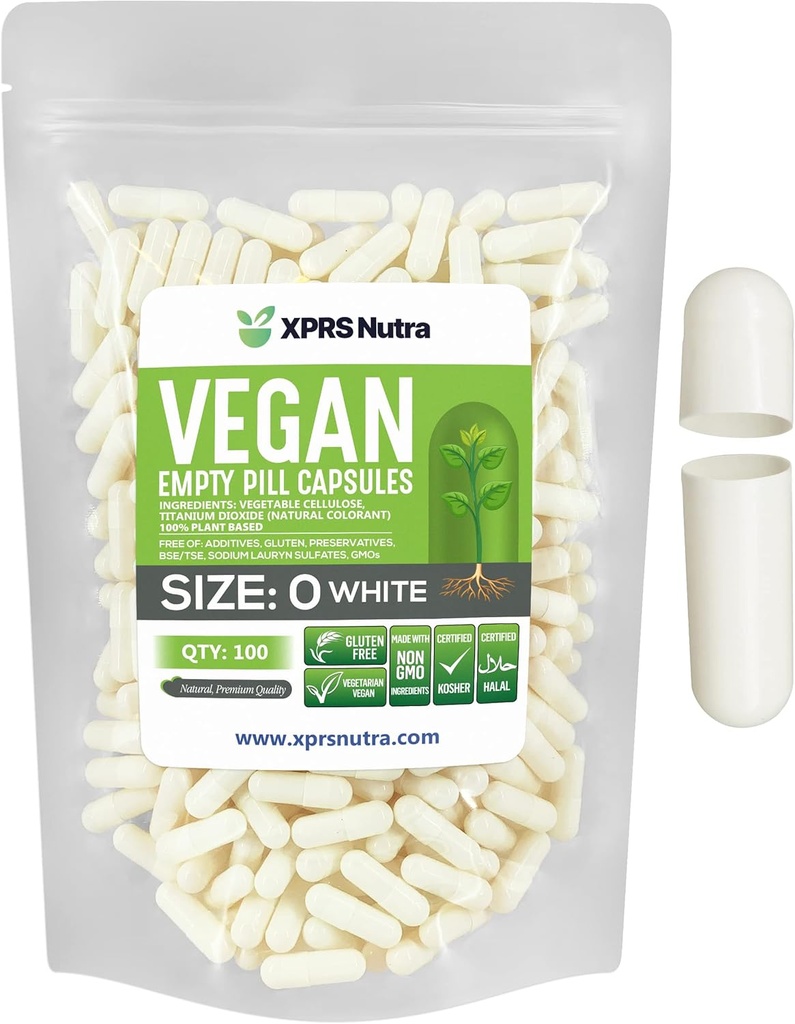 XPRS Nutra Izmērs 0 Tukšas kapsulas - 100 Skaitīt Tukšas Vegan Kapsulas - Veģetārs Tabletes - DIY Dārzeņu Kapsulas Pildījums - Veggie Pill Caps for Do-T-T-T-T-T-T-T-T-T-T-T