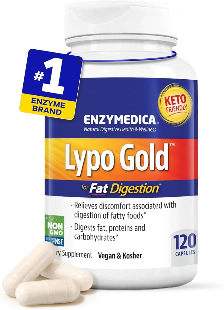 Fermentdika Lypo Gold, augstas potences lipāzes gremošanas enzīmi tauku noārdīšanai, atbalsts dažreiz uzputošanas atvieglošanai un gremošanas veselībai, Keto-Draudzīgi, Vegan, 120 kapsulas FFP