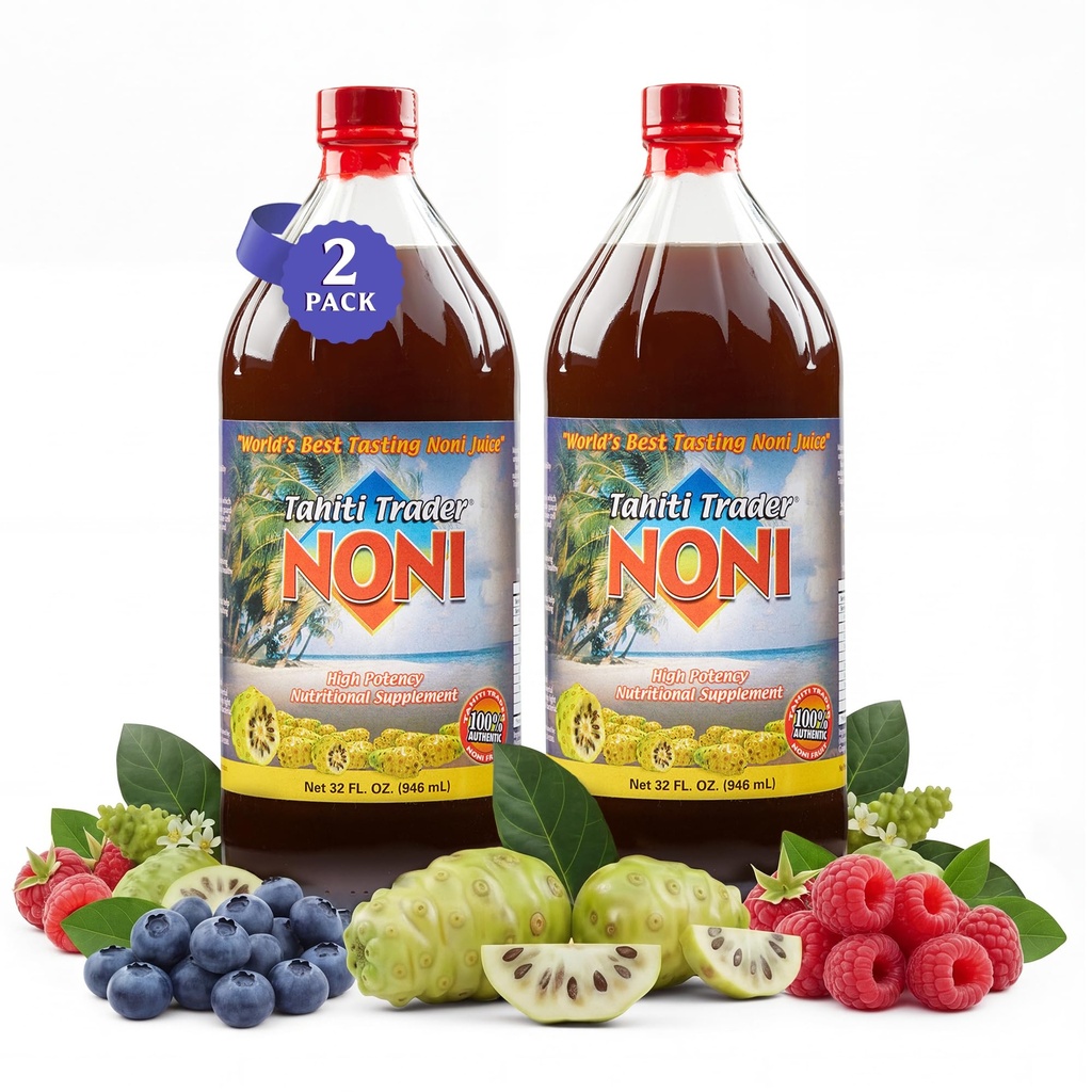 Tahiti Trader Original High Potencial Noni Juice - Pure Noni Fruit Suice with Blueberry & Aveņu - Organic Antioxidant Superfood Atbalsta enerģija un ķermeņa veselība - (32oz, 2 Pack)
