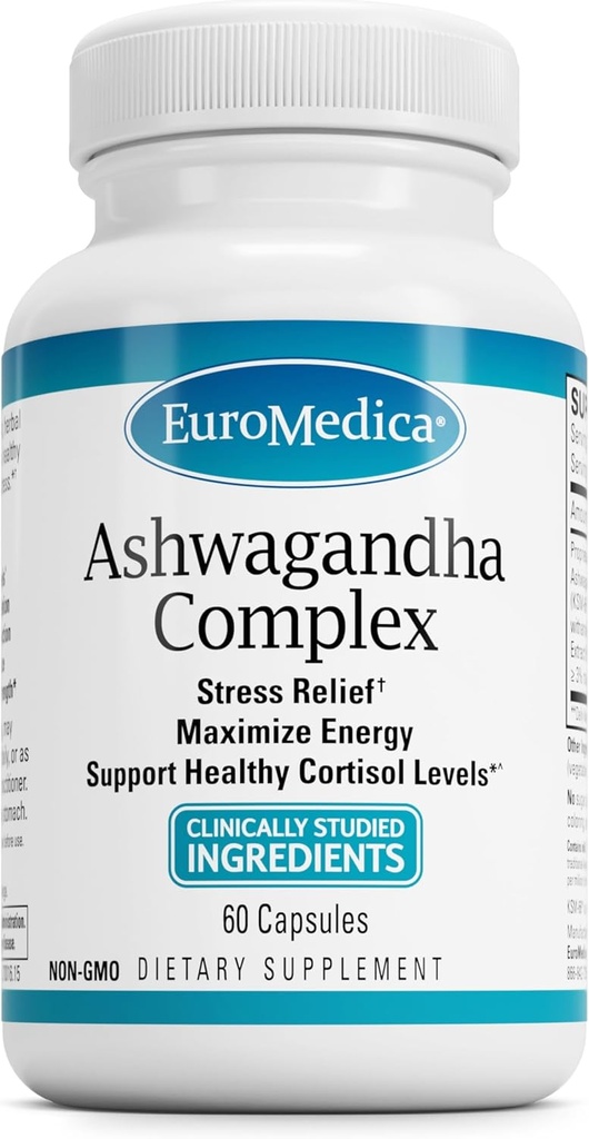 EuroMedica Ashwagandha Complex - Papildinājums atbalstam Adrenal Health - Ashwagandha Papildinājums ar Rhodiola Rosea ekstraktu - Augu Papildinājums atbalsta enerģijai un koncentrācijai - 60 kapsulas