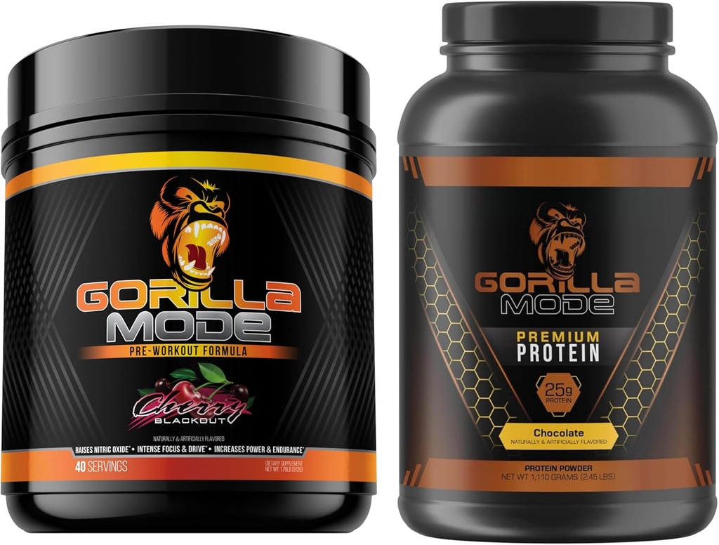 Gorilla Mind Pre Workout (Cherry) + Premium Sūkalu proteīns (Chocolate) - Visaptverošs Stack degvielas maksimālo treniņa rezultātus