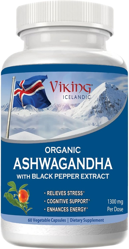 Viking Organic Ashwagandha ar melno piparu ekstraktu īslandiešu valodā. 60 Vegan kapsulas - Maksimālais stresa, garastāvokļa un enerģijas absorbcija