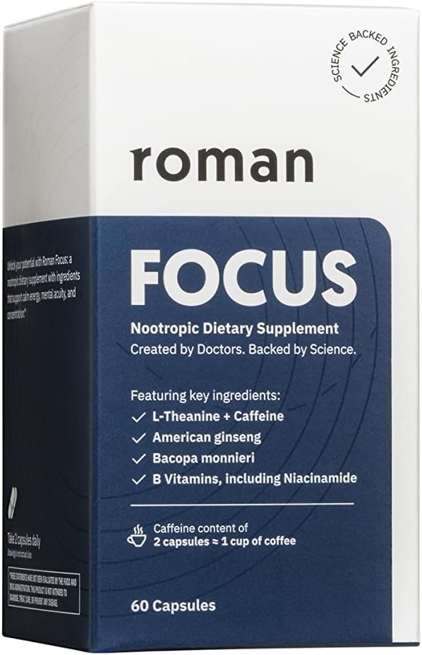 Ro Focus י Nootropic uztura bagātinātājs atbalsta mierīgu enerģiju un koncentrāciju ar kofeīnu, L-Teanīns, amerikāņu žeņšeņs, un Bacopa Monnieri 30 dienu piegādes (60 tabletes)