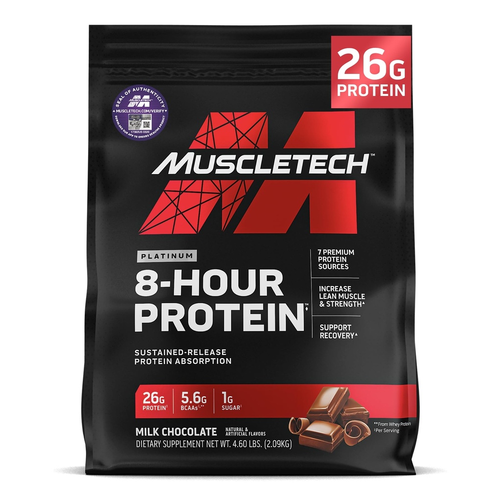 MuscleTech Platinum 8-Hour Protein Pulveris - 7 Premium Olbaltumvielas avoti ar sūkalu un kazeīna proteīnu, lai palielinātu tauku muskuļu, stiprums un uzlabota reģenerācija - Piena Šokolāde, 50 Kalpo