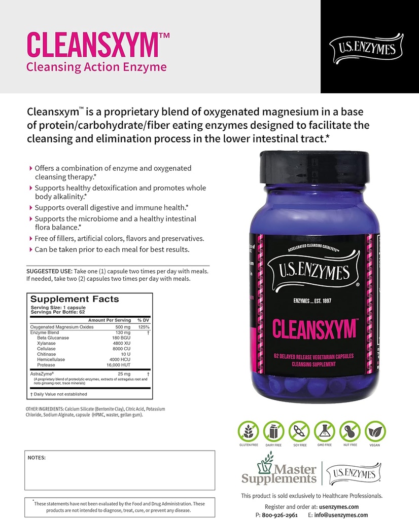 ASV Fermenti CLEANSXYM 62 Veģetārās kapsulas. Tīrīšanas papildinājums.