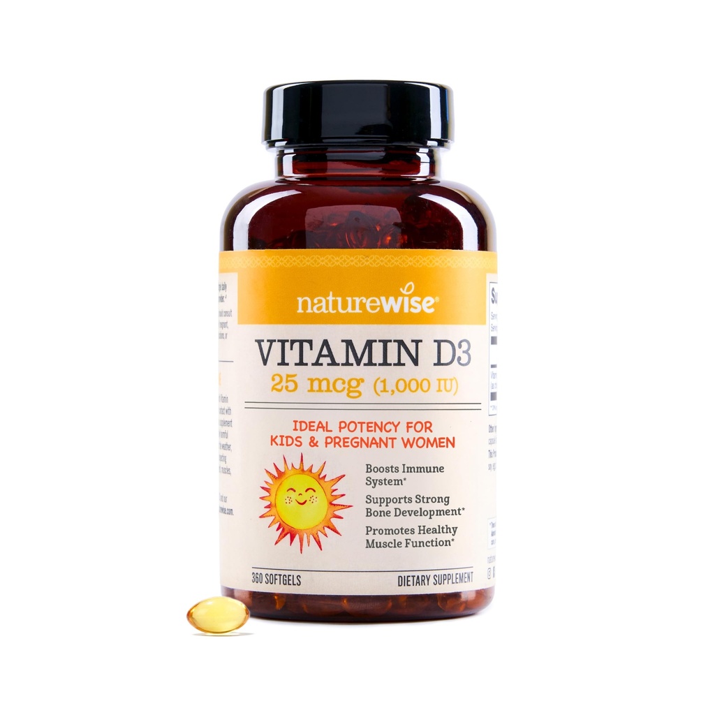 NatureWise D3 vitamīns 1000iu (25 μg) 1-gads Imūnsupporta, veselīga muskuļu funkcija un kaulu veselība - ne-GMO, bez lipekļa organiskā ekstra Virgin Olīveļļā, (Mini Softgel), 360 grādos
