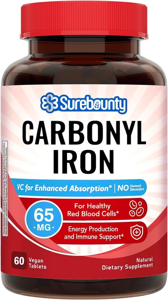 Karbonildzelzs ar dabisko C vitamīnu, maigs uz kuņģa, augsts Absorbcija, sarkano asins šūnu funkcija, enerģijas atbalsts, Vegan, 60 Tabs