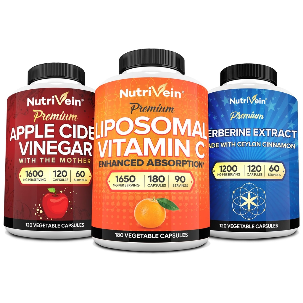 Nutriveīns Premium Berberīns, Ābols Sidra Etiķis, & Liposomālais C vitamīns Papildbarība: Augstas absorbcijas C vitamīna kapsulas, ACV kapsulas, & Berberīns Papildinājums labsajūtai un immunitātei