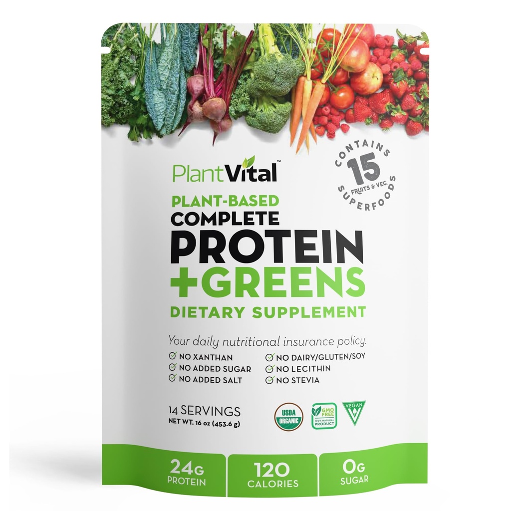 Plantvital Neuzliesmojošs Organic Vegan Protein Pulveris - 15 Superfoods, Veggies un probiotikas - Organic Plant-Based Protein Pulveris - Visi BCAA, bez lipekļa - 16oz -1 Pouch