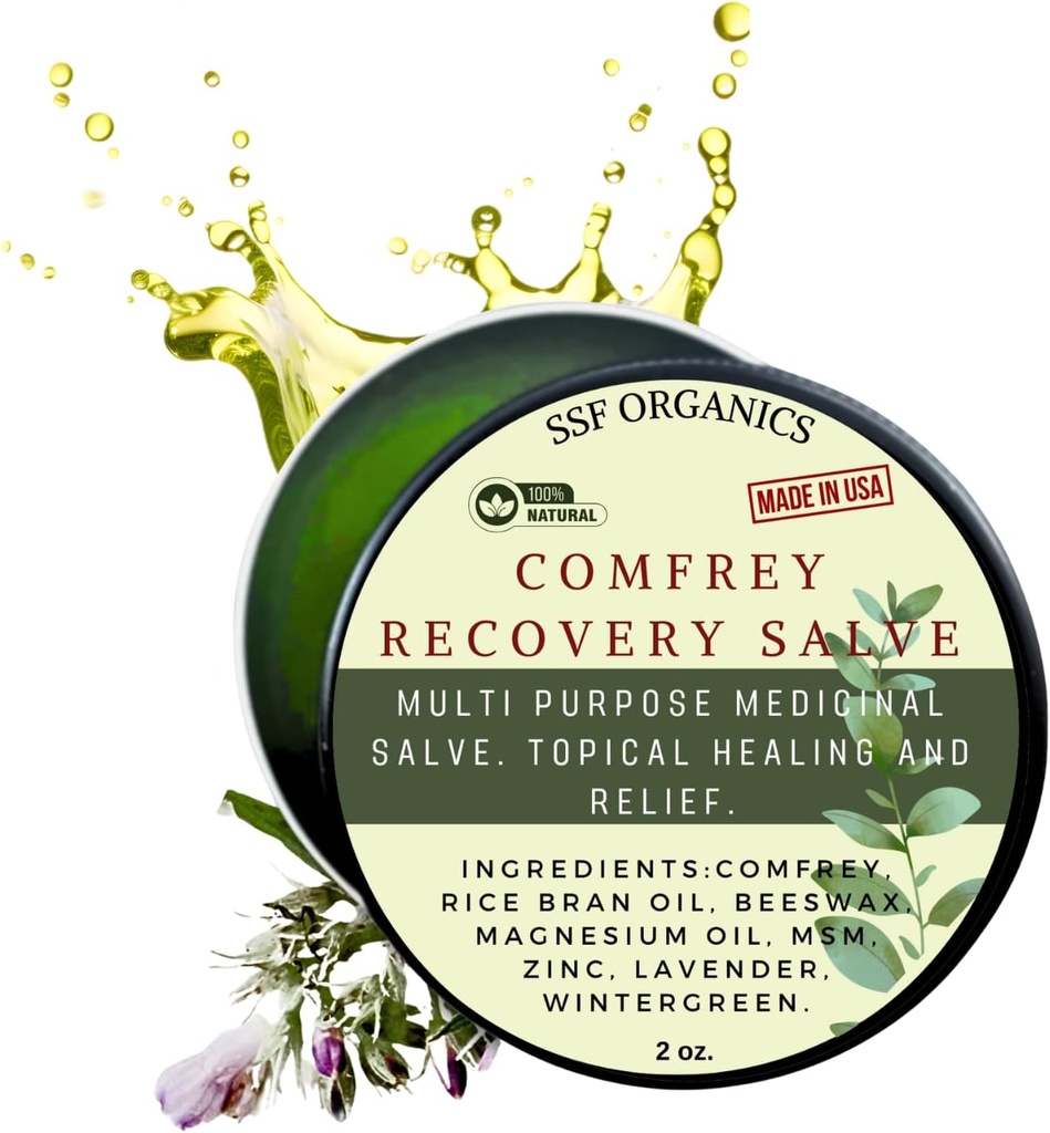 SSF Organics Comfrey Recovery Salve. Organiskās augu balzams kauliem, muskuļi, locītavas, celiņi, āda, pietūkums un tetovējums aprūpe. Rokdarbs, lēns. Ķīmiskās filtrācijas nav. 2 unces