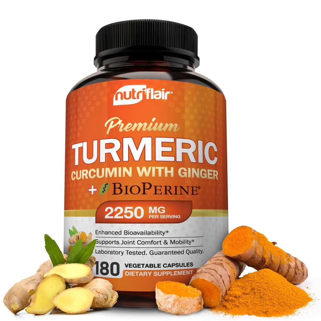 NutriFlair Turmeric Kurkumīns ar ingveru un BioPerine Black Piparu piedevas, 180 Kapsulas - 95% Kurkuminoīdi - Kopīgs atbalsts, Antioksidants, Anti Novecošana - Dabīgs, Ne-GMO, Vegan Labākais maksimālais potences