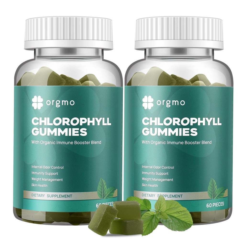 Hlorofila gumijas ķermeņa odorantam 2 Iepakojums, bezcukura vitamīni D Gummy 1000IU, ACV Spirulina Chlorella Herbal Papildinājums sievietēm Imūnais atbalsts Vegan Ne-GMO