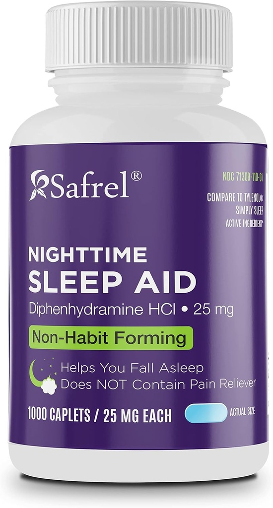 Safrels Nakts miega palīglīdzeklis, difenhidramīns HCl 25mg ; Strong Non Habit-Forming Restful Sleeping Support for Men & Women ; Fall Asleep Ātrāk & Mosties Atsvaidzināt (1000 grāfs (iepakojums (1), 1000, grāfs)