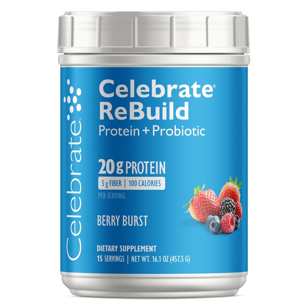 Celebrate Vitamīni Rebuild Proteīns Pulveris ar probiotikām & Prebiotikas - 20g sūkalu izolāts Proteīns, augsts Fiber, pēcbariatriskās ķirurģijas pacientiem - Berry Burst (15 Kalpo)