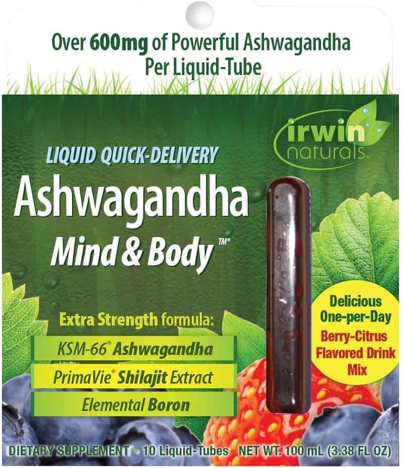 Irwin Naturals Šķidrs Quick-Delivery Ashwagandha Mind & Body - 10 Liquid-Tubes - uzlabo fizisko un garīgo veiktspēju - One-Per-Day Berry-Citrus Flavored Drink Mix