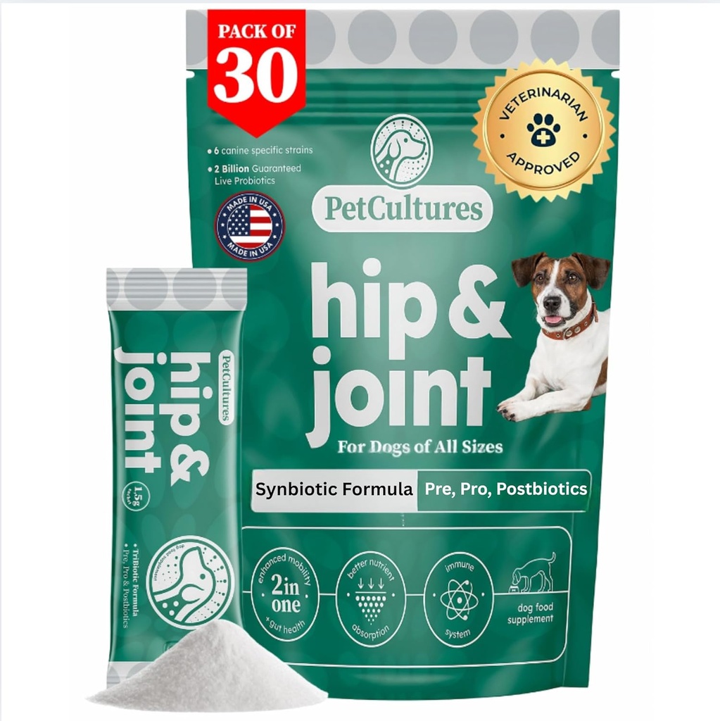 PetCultures Hip & Joint TriBiotic Pulveris, Pārtikas Topper Papildinājums Atbalsta Suns Mobilitāte ar probiotiku, prebiotiku un postbiotiku Plus Glikozamīns un hondroitīns - Ražots ASV