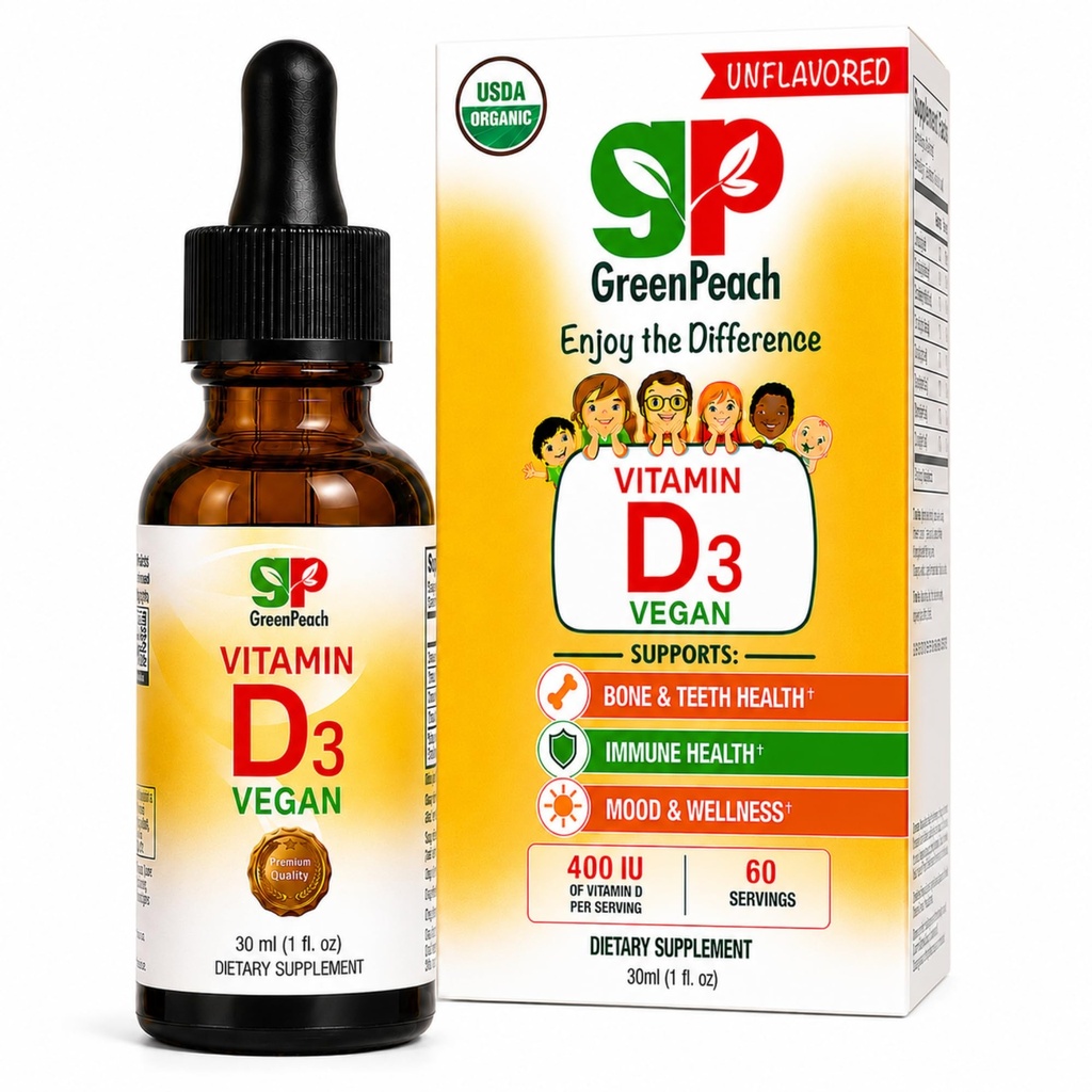 GreenPeach šķidrums Vegan Organic vitamīns D 400 līdz 1600 SV - D3 pilieni toddler, bērni, bērni un zīdaiņi, D vitamīna bērnu pilieni, dabiski, 60 Servējumi