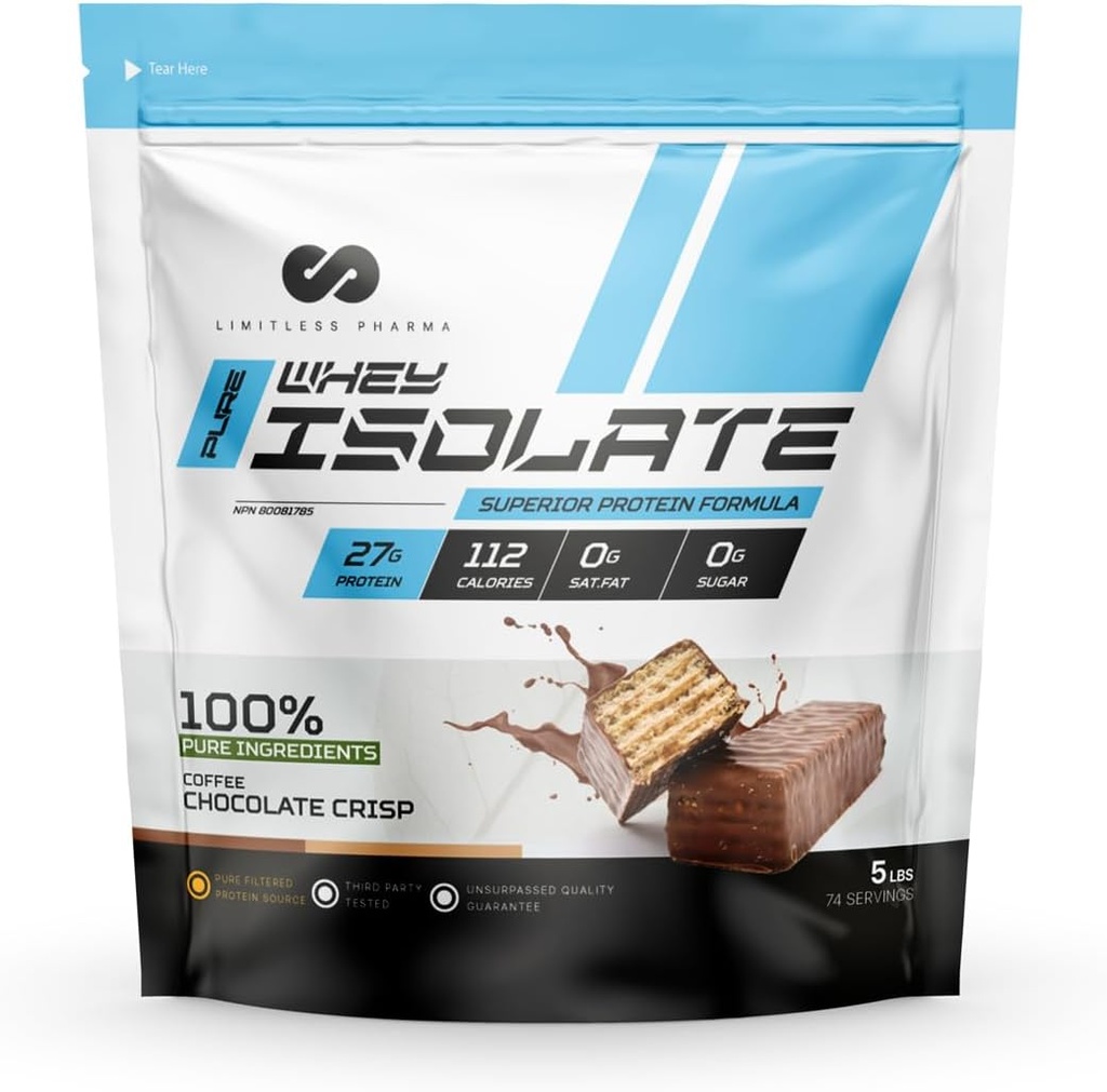 Pure Whey Isolāts - Augstas olbaltumvielas Sūkalu Izolātu Proteīnu Pulveris - 27g Olbaltumvielas, 6g BCAAs, bez cukura, bez lipekļa, ar zemu ogļhidrātu saturu, ar zemu laktozes saturu - 74 Kalpo, 5LB (kafijas šokolādes krips)
