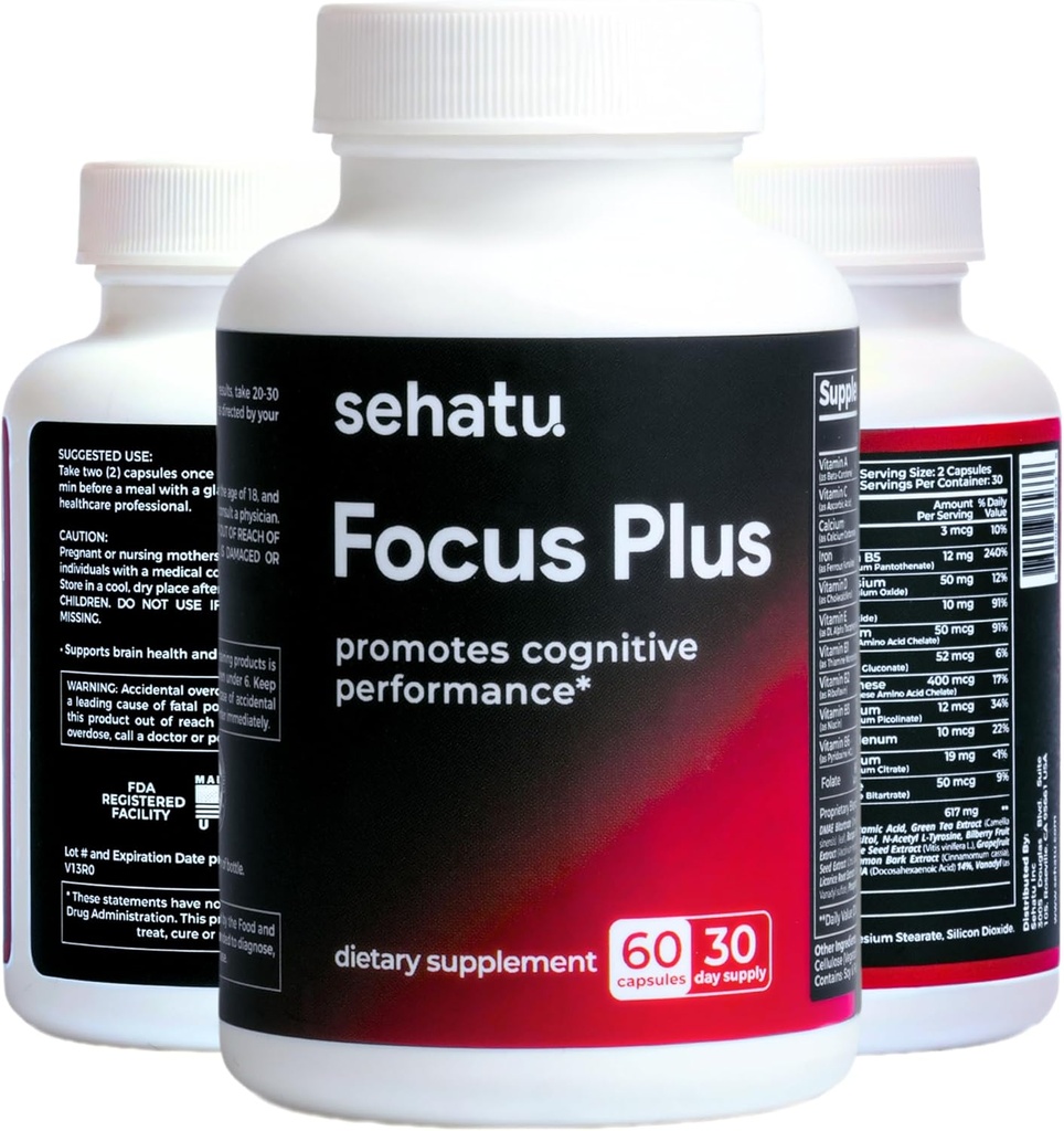 Focus Plus Kognitīvās veiktspējas uzlabotājs ar N-acetil-L-tirozīnu, DMAE Bitartrātu, GABA, glutamīnskābi, uzlabo fokusu, uzlabo atmiņu, atbalsta smadzeņu veselību, 60 skaits 30 dienu piegādes