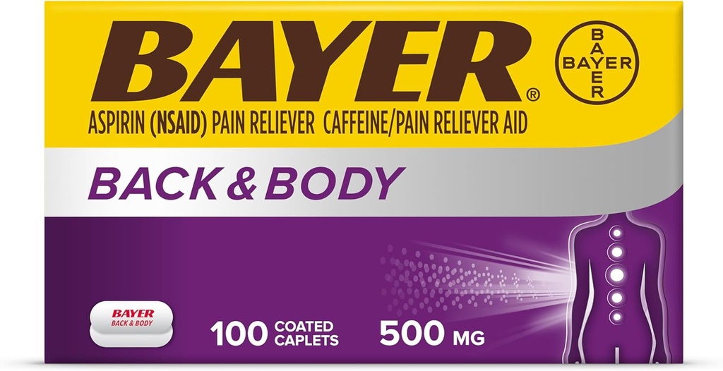 Bayer Back & Body Extra Strength Aspirīns, 500 mg apvalkotās tabletes, ātra atvieglošana sāpju vietā, sāpes Reliver ar 32, 5 mg kofeīna, 100 Skaits