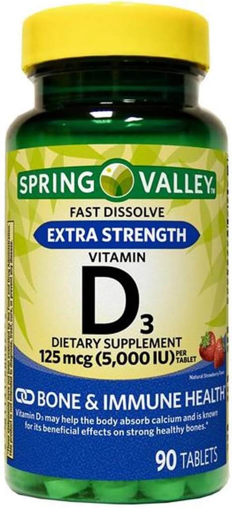 Papildus spēks D3 vitamīns Ātri izšķīdiniet tabletes Uztura bagātinātāji, 125 Mcg (5 000 SV), zemeņu Flavor, 90