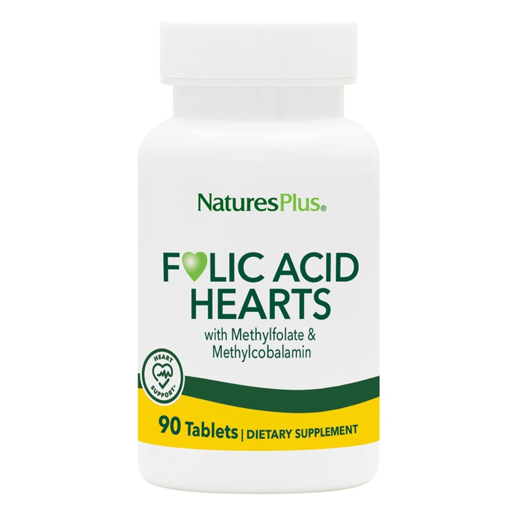 NaturesPlus Folijskābes Sirds (metilfolāts) - 400 μg, 90 Veģetārās tabletes - ar vitamīnu B6 un vitamīnu B12 (kā metilkobalamīns) - bez lipekļa - 90 Servējumi