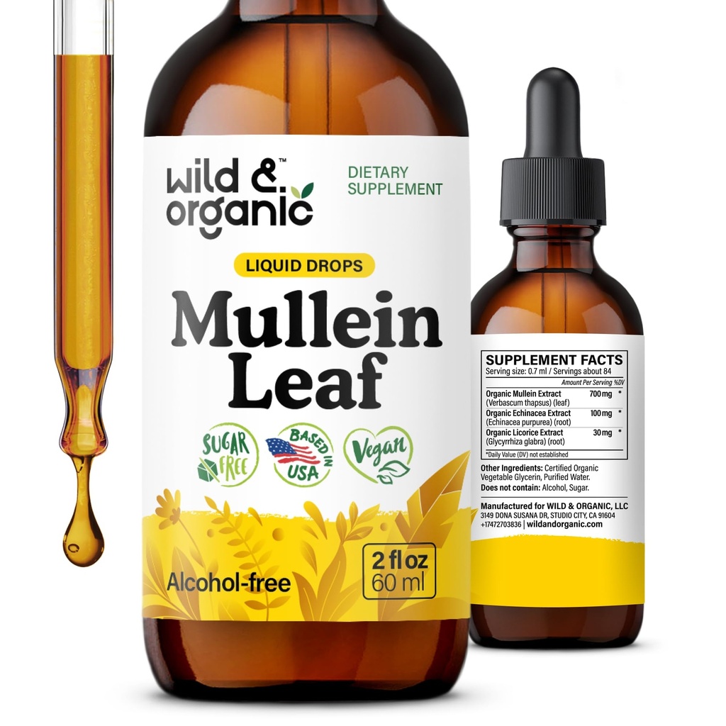 Savvaļas un bioloģiskie Mullein pilieni plūmēm - Lung Detox un tīrīt - Šķidrs Mullein Leaf Tincture ar Echinacea un lakricas saknes - Vegan, Cukurs un bezalkohola ekstrakta papildinājums - 2 fl oz