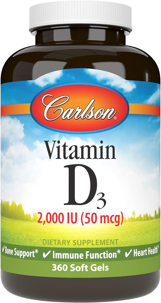 Carlson – D3 vitamīns, 2000 SV (50 μg), kaulu veselība, muskuļu veselība, holekalciferols, D vitamīna piedevas, D3 vitamīns, soft gels, 360 softgeli