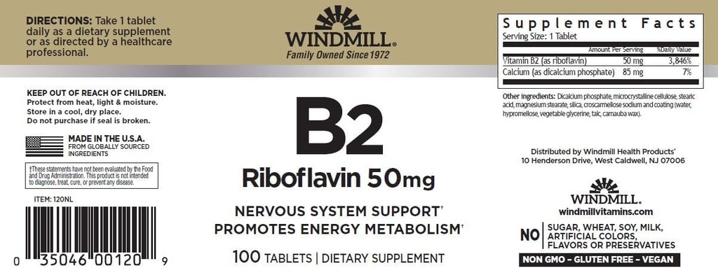 Vējdzirnavas vitamīns B-2 50 mg tabletes - 100 ea (6 iepakojumi)