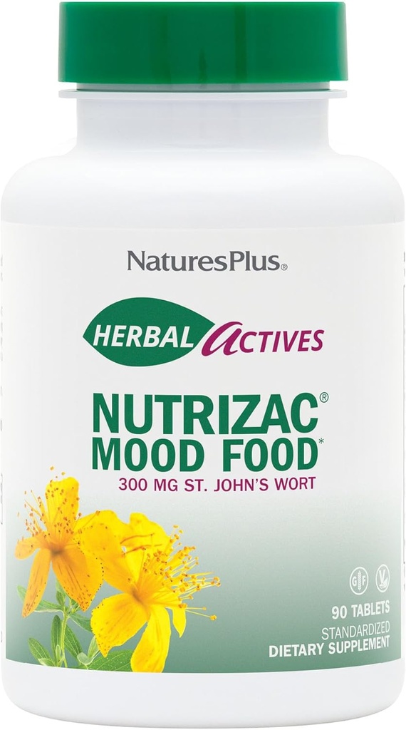Natures Plus Herbal Actives NutriZAC Cood Food - 300 mg divšķautņu asinszāle, 90 Vegan Bi-Layered tabletes - maksimālā deva Natural Mood Booster - Veģetārs, bez lipekļa - 90 Servējumi