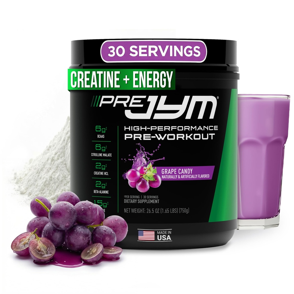 JYM Papildzinātnes Pre JYM Vīnogu konfektes pirms Workout Pulveris vīriešiem un sievietēm, BCAA, Nootrops, Kreatīnu HCI, Citrulīns, Beta-Alanīns, Betaīns, Taurīns, Huperzine, 30 Kalpojumi