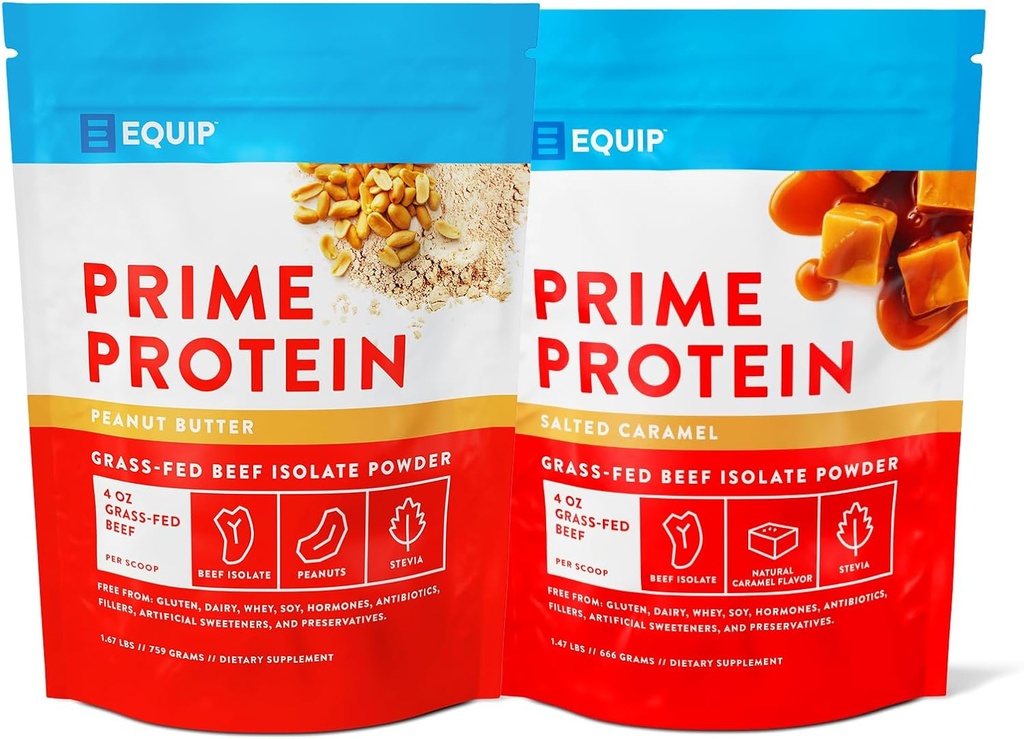Equip Foods Prime Protein Pulveris Peanut sviests un Prime Protein pulveris Sālīta karamele