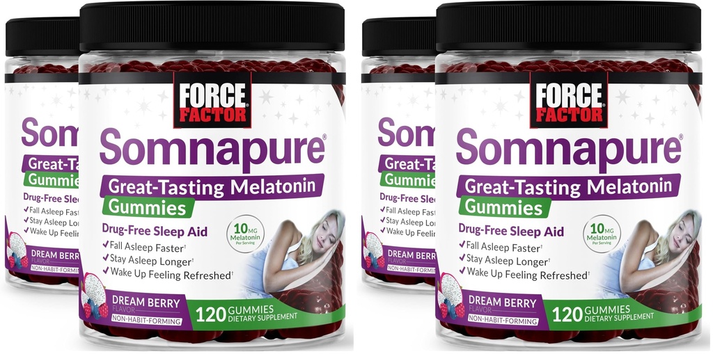 Force Factor Somnapure Gumies with Melatonin, bez zālēm miega atbalsta papildinājums pieaugušajiem ar neregulāru bezmiegu, Dream Berry Flavor, 120 Count (iepakojums no 4)