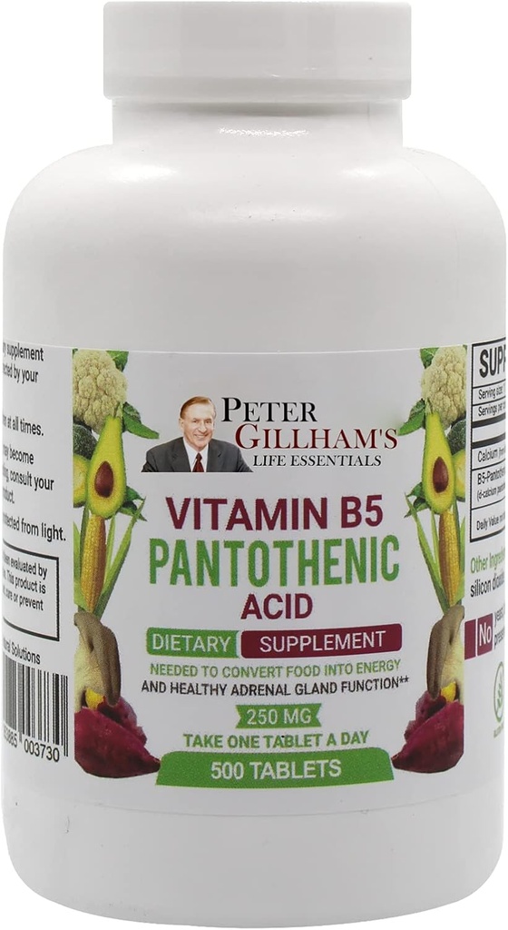 Peter izvēle B5 Pantotenskābe 250mg 500 Tabletes Enerģijas atbalsta papildinājums