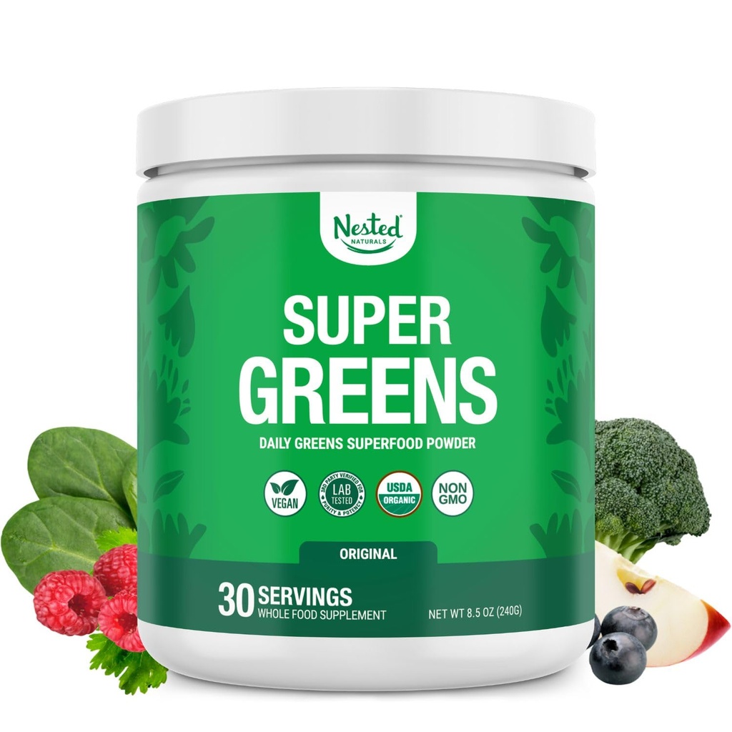 Nested Naturals Super Greens Dienas Superfood Powder - Sertificēts USDA Organic Green Powder w/20+ Veseli pārtikas produkti, Spirulīna Pulveris,Wheat & Miežu Zāle - Probiotikas, Fiber & Fermenti - Original Flavour, 30
