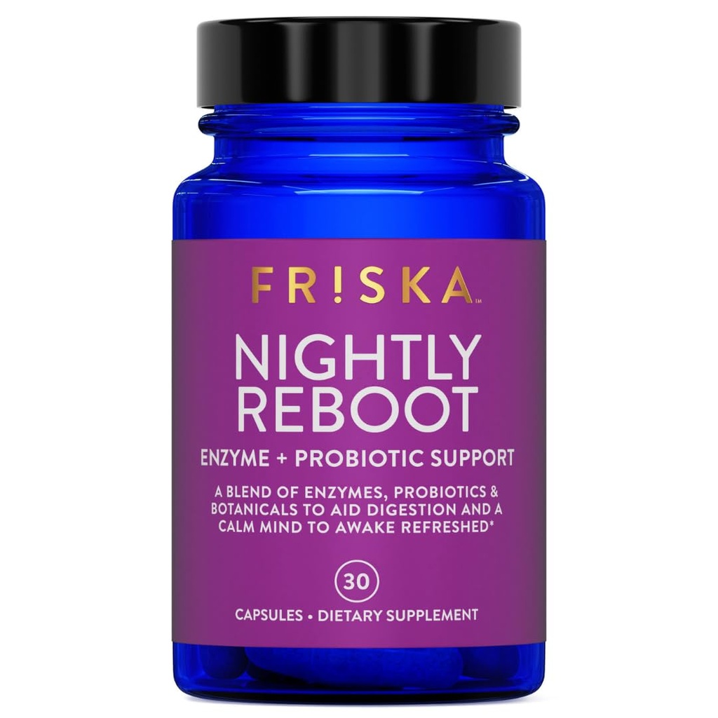 FRISKA Nakts reboot Enzīmi un probiotikas papildinājums, veicina labāku gremošanas un miega, atbalsta Gut Health vīriešiem un sievietēm, melatonīns, kumelītes, 30 kapsulas