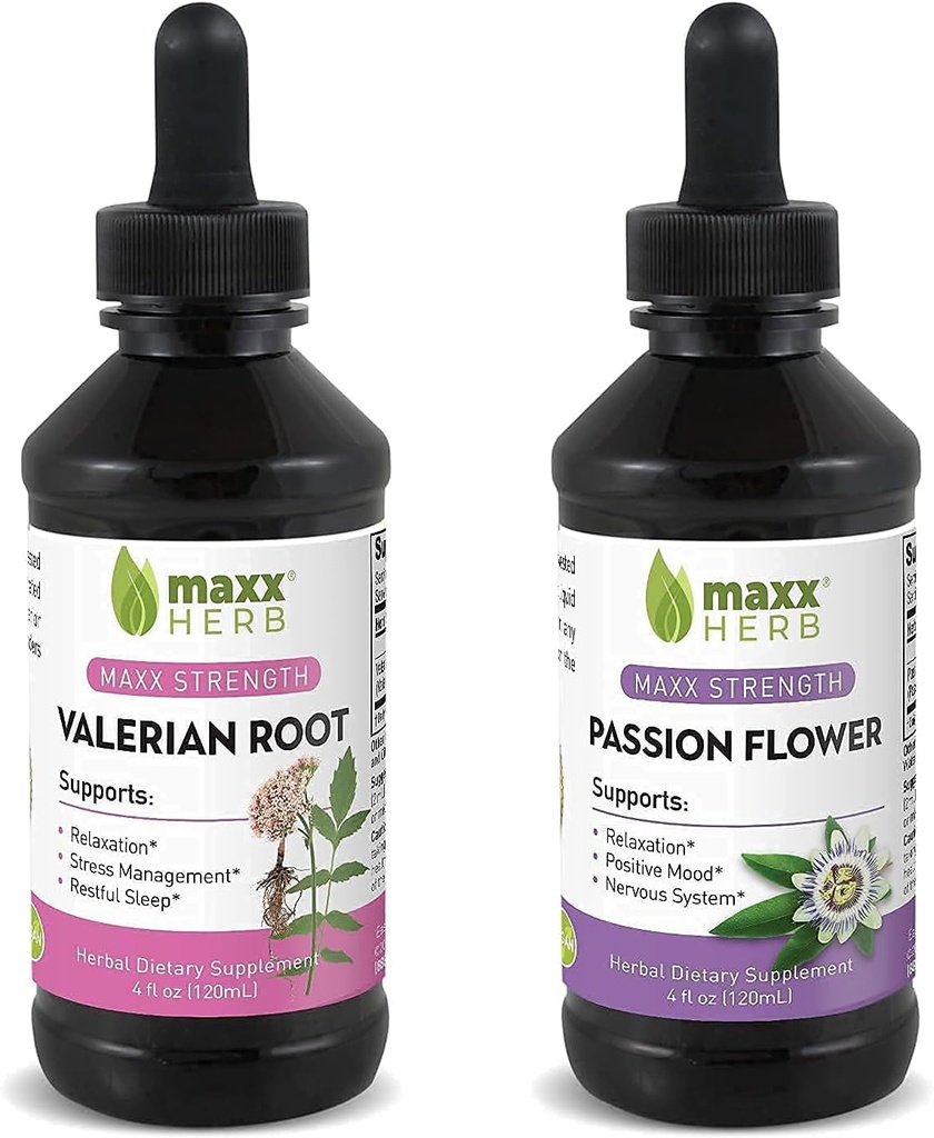 Labāks miegs Bundle - Maxx Herb Passion Flower Extract + Baldriāna Saknes ekstrakts - relaksācijas un stresa vadībai, bez alkohola - (1 katrs) 4 Oz pudele (60 Servē)