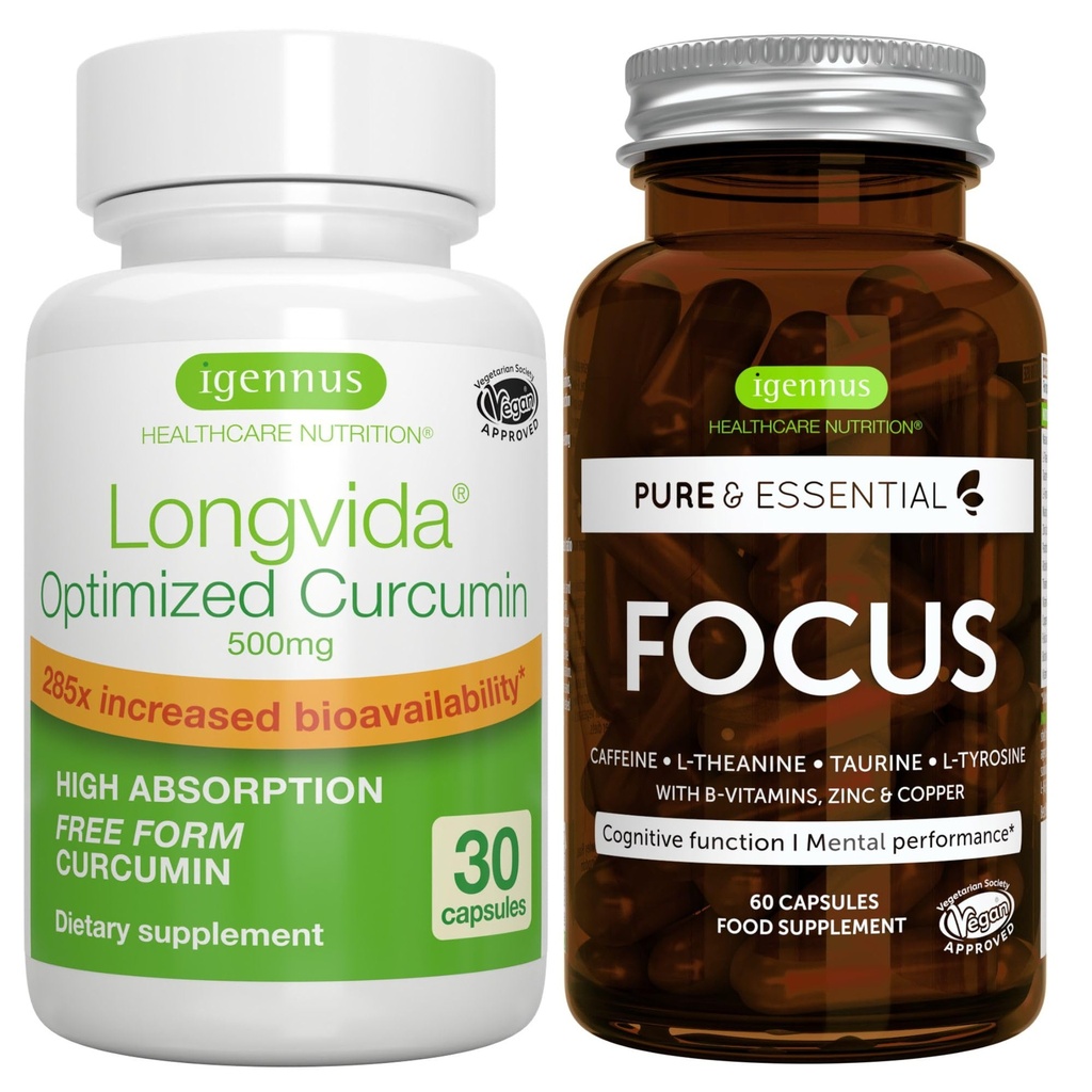 Longvida Lipidated Curcumin 500 mg + Focus Brain Booster Vegan Bundle, Ultra Biopieejams kurkumīns + kofeīns, L-teanīns, Taurīns un L-tirozīns, B-vitamīni, cinks un varš, Igennus