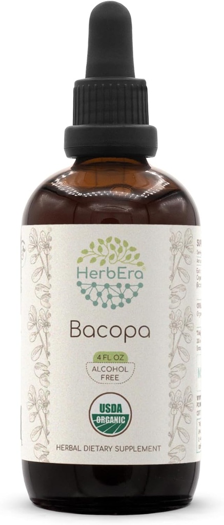 HerbEra Bacopa B120 USDA Organiskā tinktūra -- bezalkohola ekstrakts, augstas skābes augu pilieni, relaksācija, pozitīva kognitīvā ietekme -- Certified Organic Bacopa (Bacopa Monnieri) Kaltēts augs 4 OZ