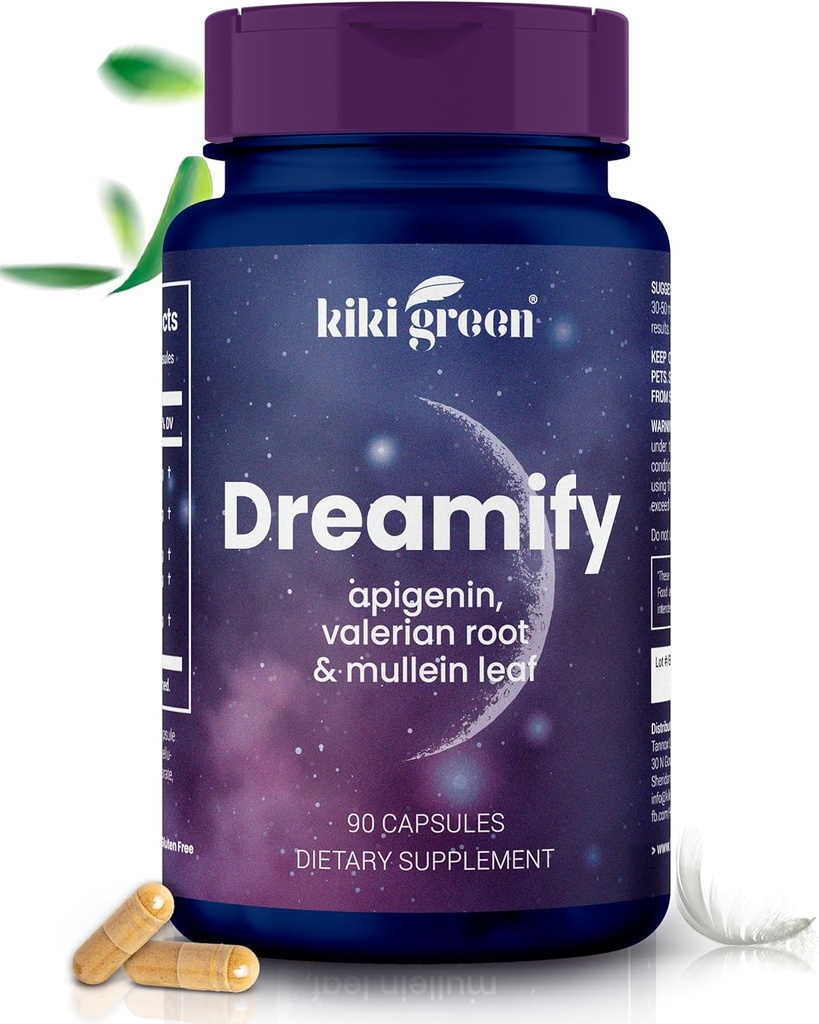 KIKI Green DREAMIFY papildinājums - Apigenin, Valerian Root, Mullein Leaf ekstrakts - Atpūta, Relaksācija, Veselīgs miega cikls - 90 Vegan kapsulas
