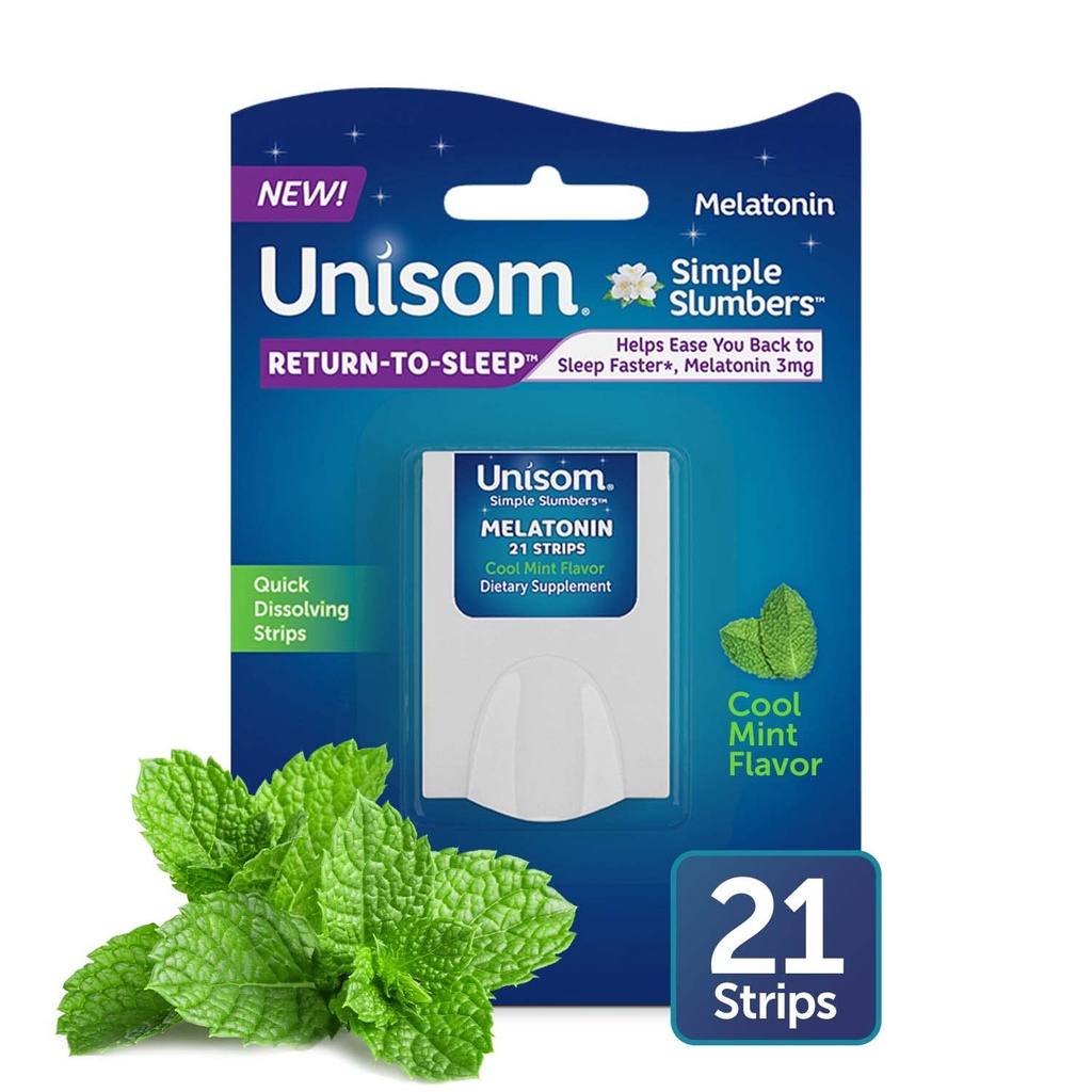 Unisom Simple Slombers Atgriešanās uz miega šķīdināšanas sloksnes 21-Count, Melatonin 3mg, Cool Mint